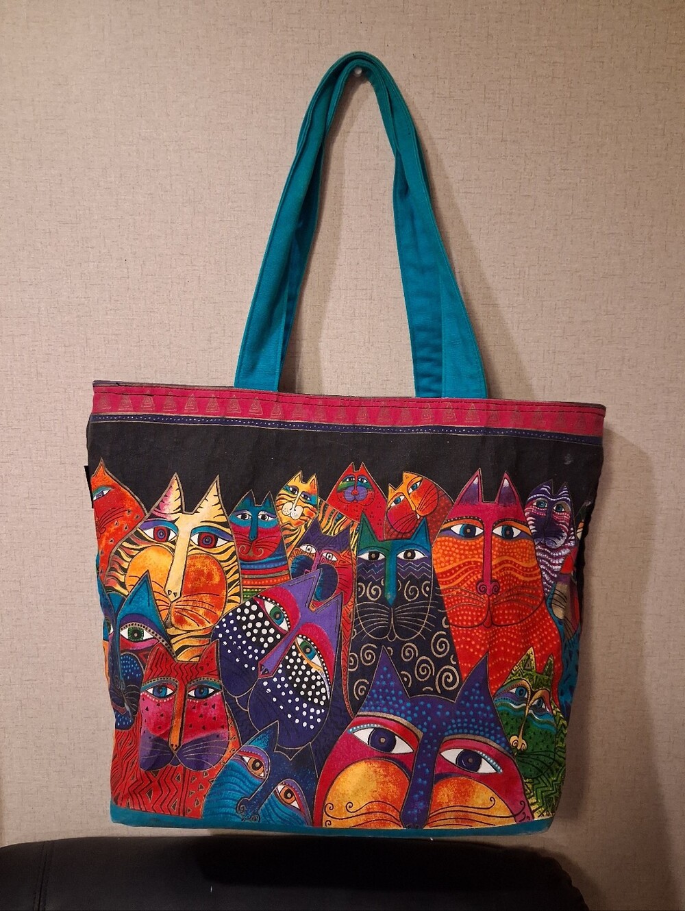 Laurel Burch Multicolor Cat Print Tote with Teal Handles With Small Purse